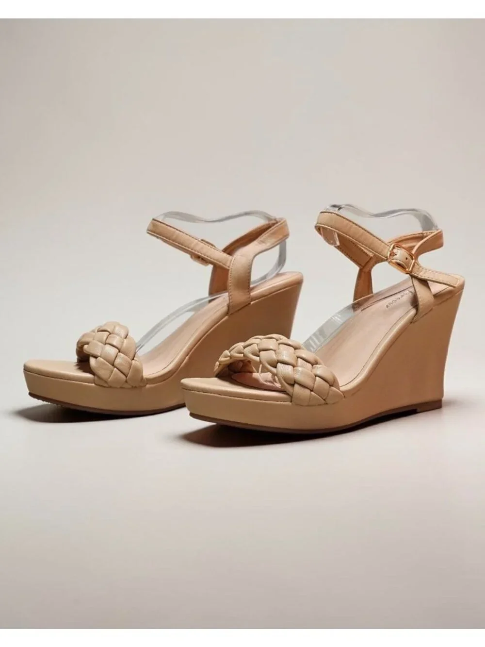 Braided Taupe Wedge Sandals With Adjustable Ankle Strap For Women